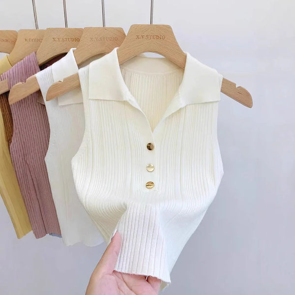 Summer Turn Down Collar Gold Button Slim Knitted Sweater