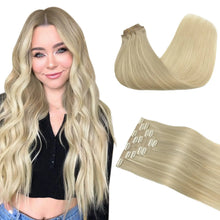 Invisible skin weft clip in remy hair extensions balayage blonde