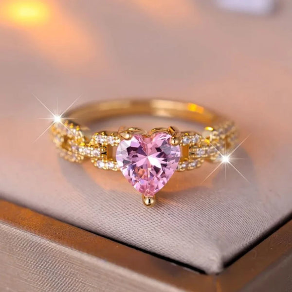 Elegant pink diamond heart ring front view
