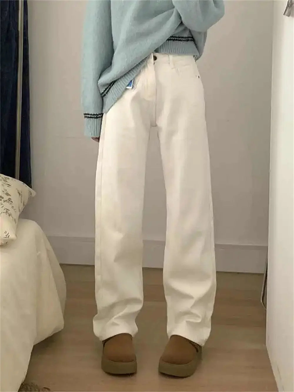 Winter Warm White High Waisted Denim Jeans