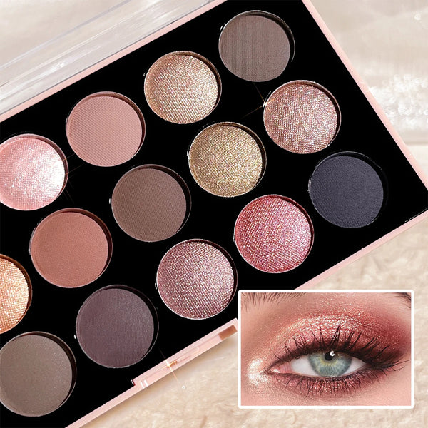 Eyeshadow palette shimmer matte showing pearlescent and glitter shades.