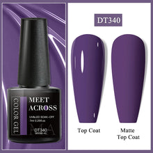 Nail gel polish bottle with purple color swatches labeled 'Top Coat' and 'Matte Top Coat' on a white background.