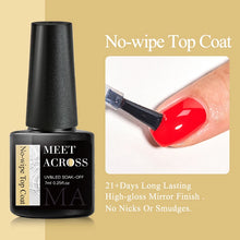 Black nail polish bottle with 'Meet Across' branding on a beige background, showing a close-up of a red nail being painted.