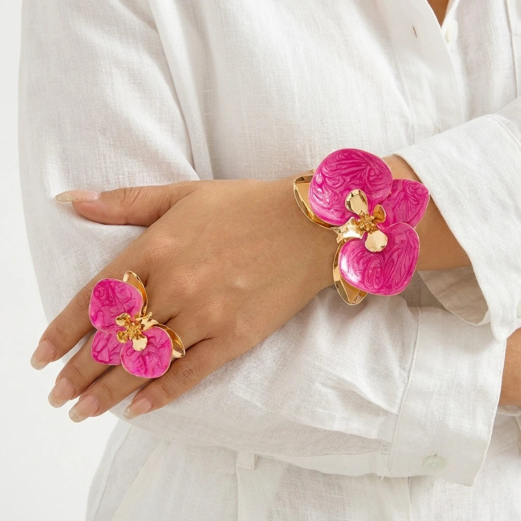 Elegant Flower Enamel Bracelet Ring Set