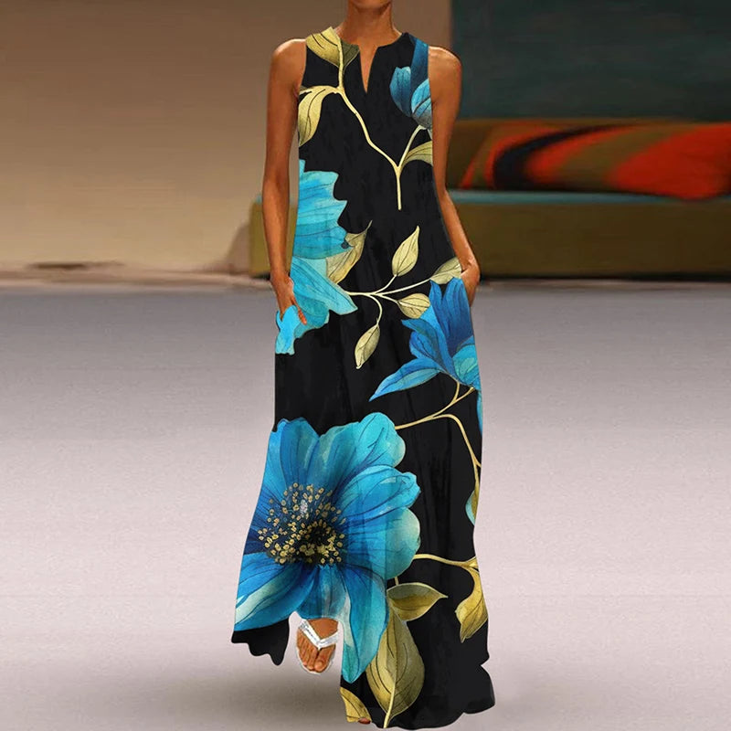 Summer Dress Woman 2025 Printed Dresses Summer Sleeveless V-Neck Long Dress Ladies Casual Elegant Beach Party Maxi Dresses