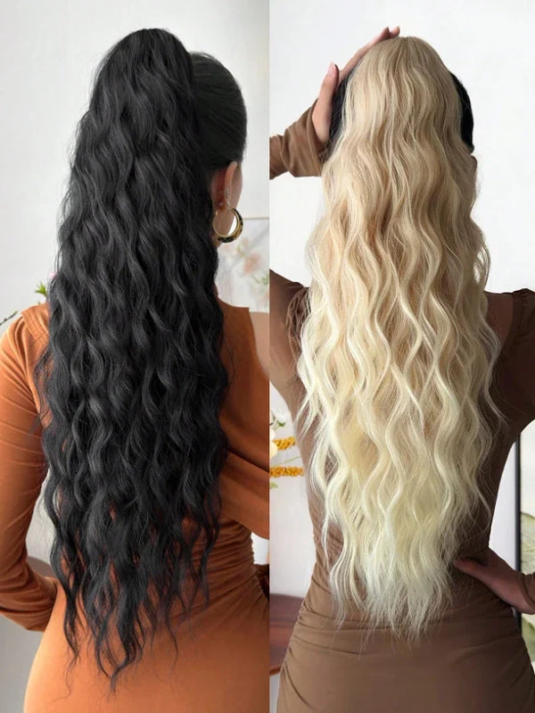 Long wavy synthetic wig in black and blonde, showcasing luxurious heat-resistant fiber and versatile styling options.