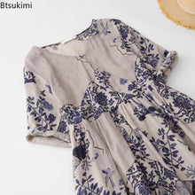 Summer Dresses Retro Casual Loose Print V Neck Long Dress