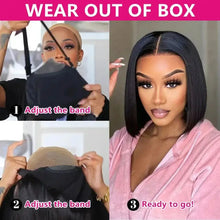 Synthetic short bob straight wig fitting guide — easy band adjustment steps.