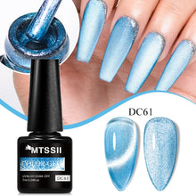 MTSSII Color Gel UV/LED soak-off nail polish in shade DC61, shown in a black bottle with a blue glitter swatch, alongside a hand displaying long light-blue glitter nails and two close-up nail swatches.
