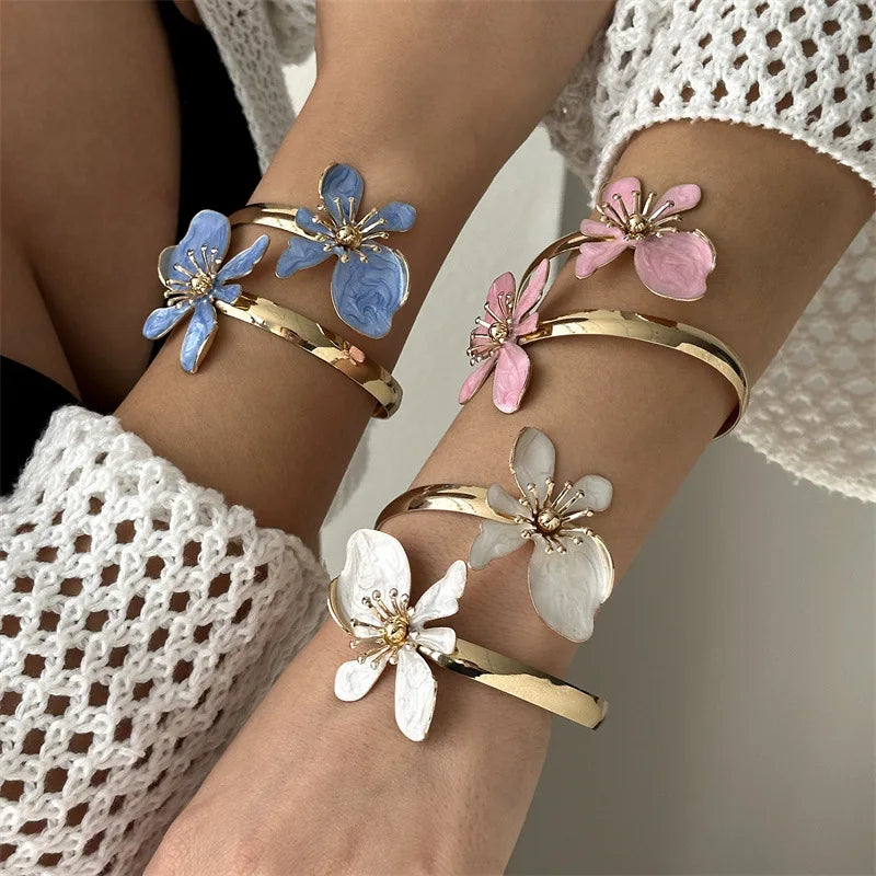 Elegant Enamel Flower Open Cuff Bracelet