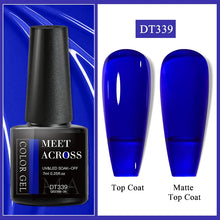 Nail gel polish bottle with black cap and blue gel on a blue and white background