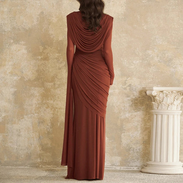 Vintage Solid Slim Fit Pleated Maxi Dress
