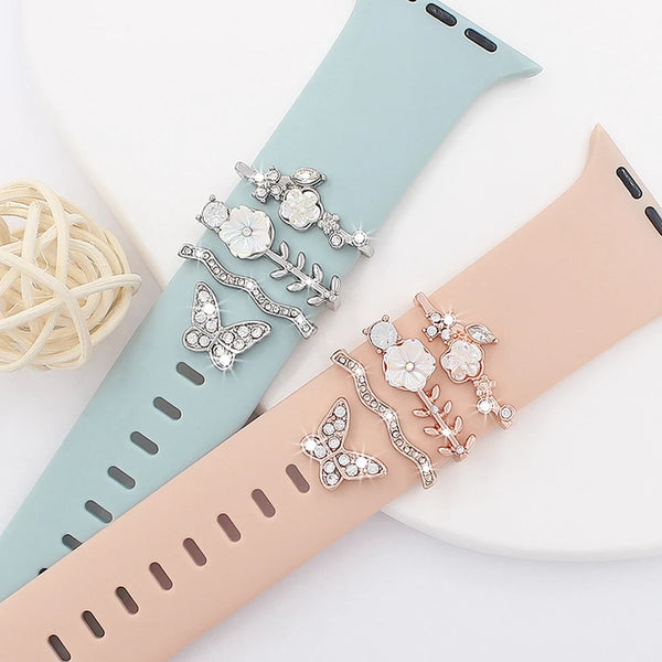 watch strap charms – 4pcs butterfly flower rhinestone watchband rings