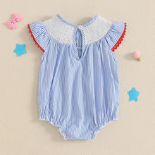 Striped baby romper worn by a baby girl