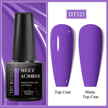 Nail gel polish bottle with purple color swatches labeled 'Top Coat' and 'Matte Top Coat' on a purple background.
