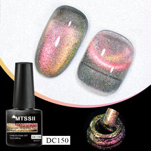 MTSSII DC150 UV/LED soak-off gel nail polish shown in a black bottle with a holographic glitter swatch, alongside two nail tip swatches displaying a pink, gold, and silver iridescent magnetic cat-eye effect on a white and black background.