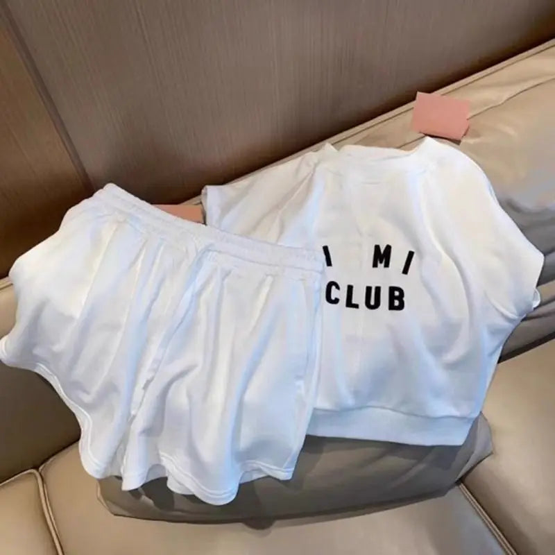 Sports and Leisure Set for Women in Spring and Summer New Korean Version Short Sleeved T-shirt High Waist Short Two-piece Set