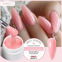 Pink gel nail polish being applied with a brush, showing a close-up of nails and product packaging.