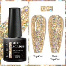 Nail gel polish bottle with glittery nail designs labeled 'Top Coat' and 'Matte Top Coat'.