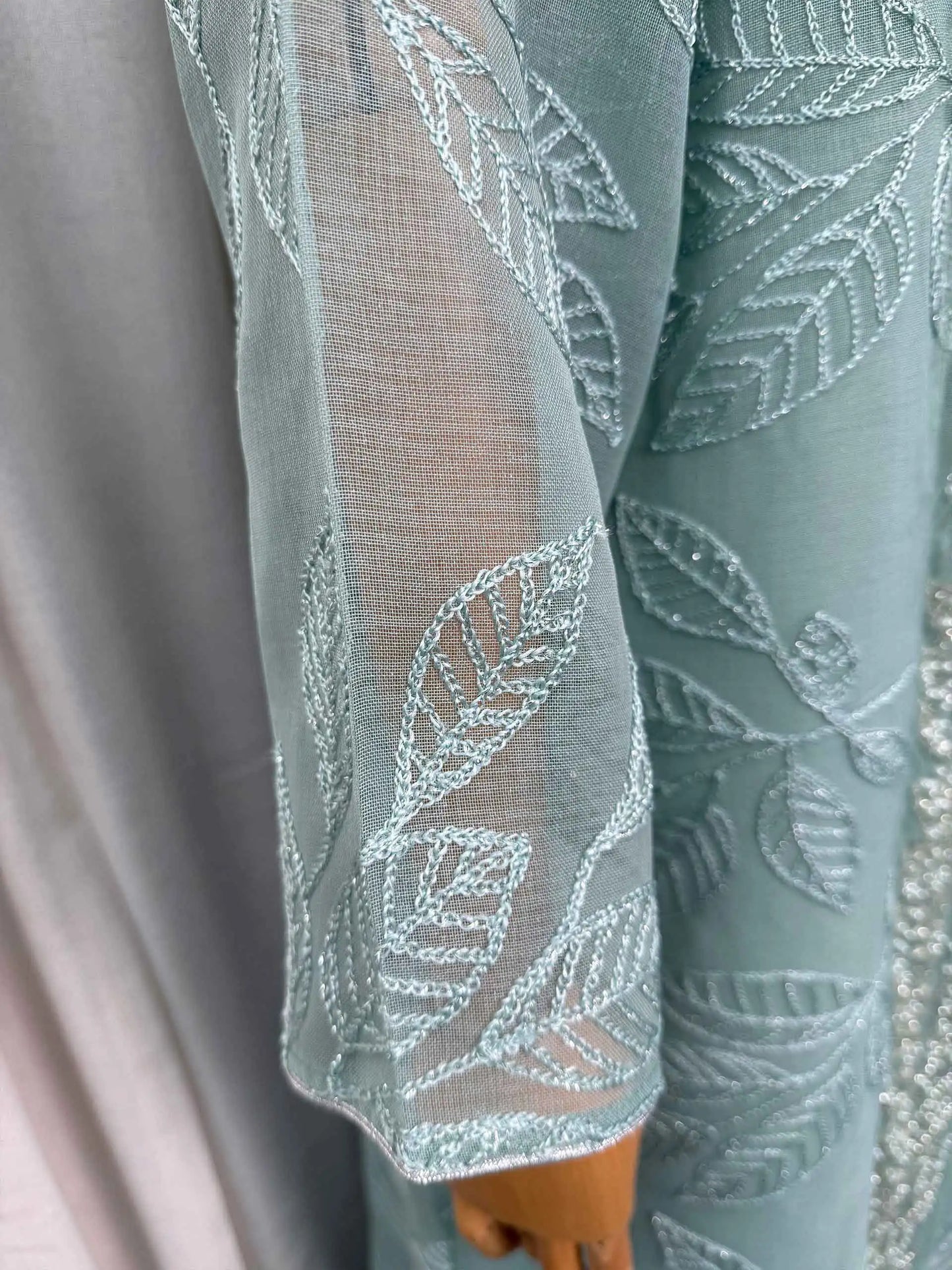 Mint Green Abaya with Silver Sequin Leaf Kaftan Elegant Ramadan Eid Prayer Dress