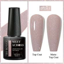 Nail gel polish with a black bottle labeled 'Meet Across' and two nail samples showing top coat and matte top coat.