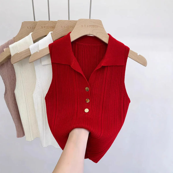 Summer Turn Down Collar Gold Button Slim Knitted Sweater