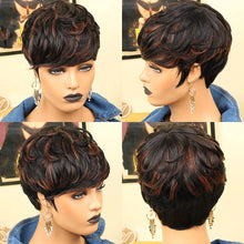 Pixie cut bob wig black women showing highlight ombre black and brown tones.