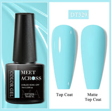 Gel polish bottle with a black cap and 'Meet Across' branding, alongside two blue nail samples labeled 'Top Coat' and 'Matte Top Coat'.