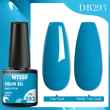 MTSSII Color Gel polish bottle with blue nail samples on a white background