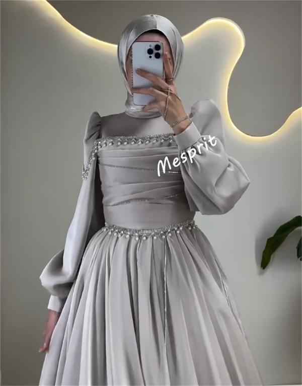 Charmeuse Beading Pleat Classic High Collar Long Dress