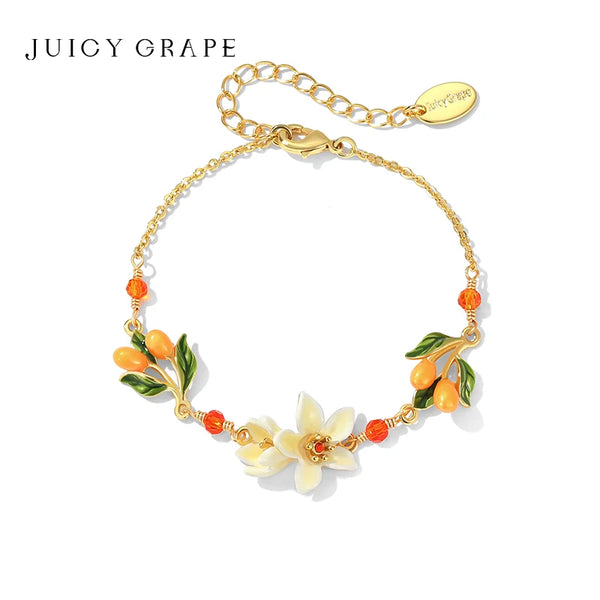 Pearl & Kumquat Enamel Flower Bangle Bracelet