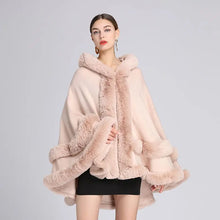 Double Layer Luxury Imitated Rex Rabbit Fur Cape Coat Hooded Shawl Winter Women Knit Poncho Overcoat Faux Fur Wraps Big