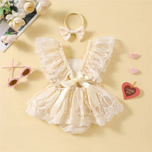 Baby girl lace romper dress two piece set laid flat