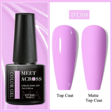Gel polish bottle with a purple nail and 'Meet Across' branding on a pink background