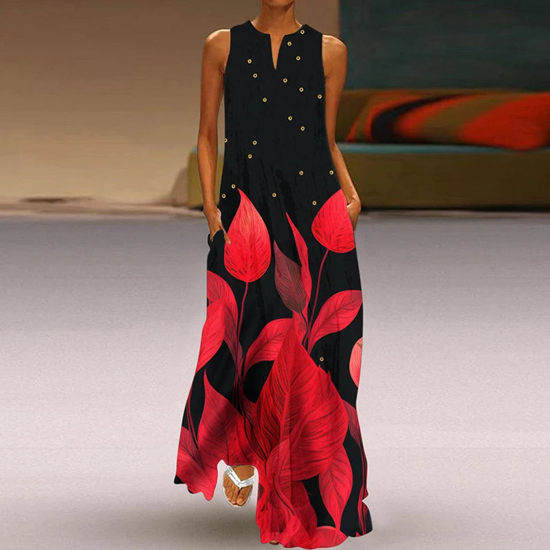 Summer Dress Woman 2025 Printed Dresses Summer Sleeveless V-Neck Long Dress Ladies Casual Elegant Beach Party Maxi Dresses