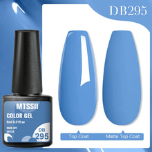 MTSSII color gel with a blue nail polish and two nail samples on a white background