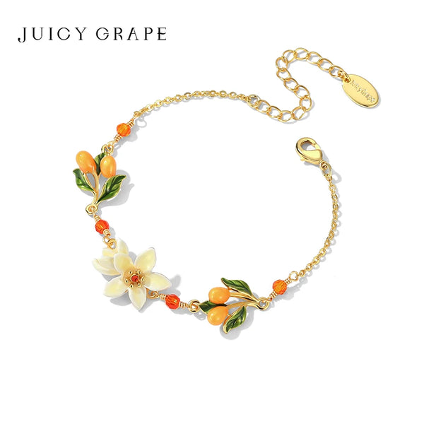 Pearl & Kumquat Enamel Flower Bangle Bracelet