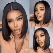 Synthetic short bob straight wig collage showing various styles and angles.
