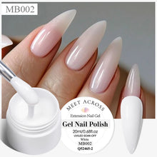 Gel nail polish with gradient design on nails and product container, featuring 'Meet Across' brand.