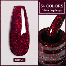 Red glitter sequins gel with a brush and product name on a white background