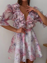 Flower Printed V-neck A-line Short Dress