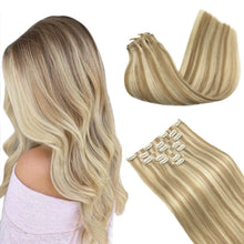 Invisible skin weft clip in remy hair extensions balayage blonde