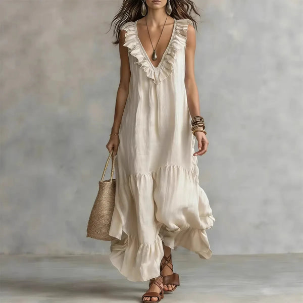 Sleeveless Cotton Linen V-Neck Big Swing Beach Dress