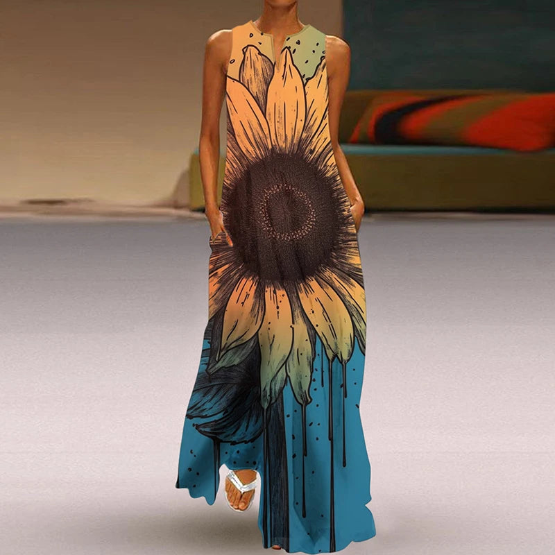 Summer Dress Woman 2025 Printed Dresses Summer Sleeveless V-Neck Long Dress Ladies Casual Elegant Beach Party Maxi Dresses