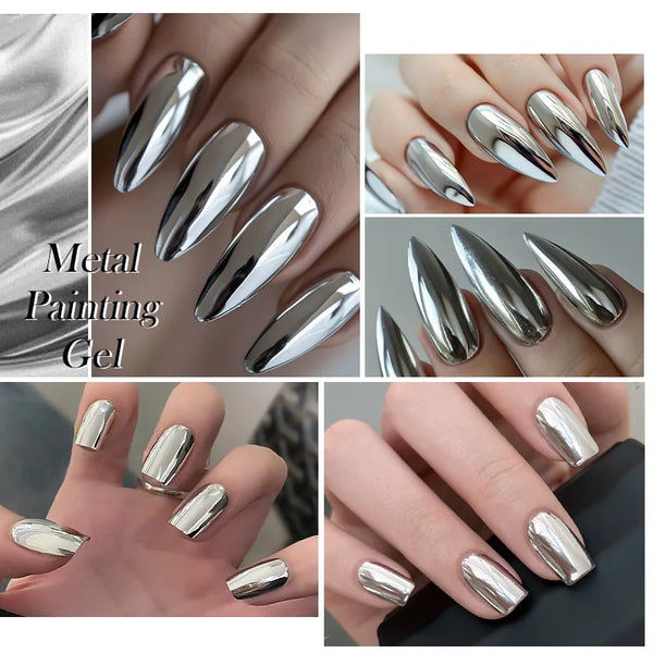 metallic gel polish – silver mirror effect line art French nails