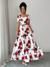 Women Rose Floral Print Maxi Dresses Square Neck Puff Short Sleeve Back Smocked Elastic Waist Flowy A Line Summer Vacation Dress