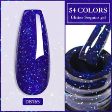Blue glitter sequins gel with a brush and '54 Colors' text on a white background