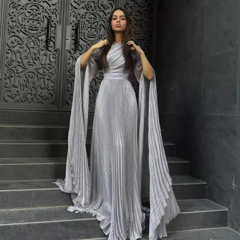 Folds Flare Sleeve Round Collar Floor Lace Up Tight Waist A Line Formal Gown