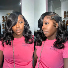 Model wearing body wave lace front wig for a glamorous special occasion look.
