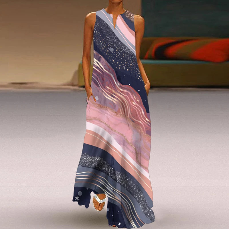 Summer Dress Woman 2025 Printed Dresses Summer Sleeveless V-Neck Long Dress Ladies Casual Elegant Beach Party Maxi Dresses
